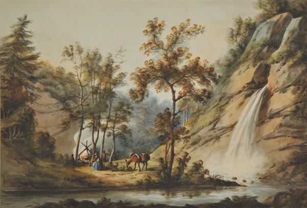 * English School. Gypsy Encampment By a Waterfall, c.1830s, watercolour, showing a group of