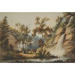 * English School. Gypsy Encampment By a Waterfall, c.1830s, watercolour, showing a group of