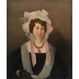 * English School. Portrait of a lady in a muslin bonnet, c.1840s, oil on canvas, head and