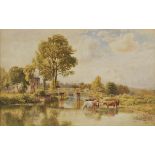 * Pyne (Thomas, 1843-1935). Cattle Watering By a Bridge, watercolour, showing a group of cattle in a