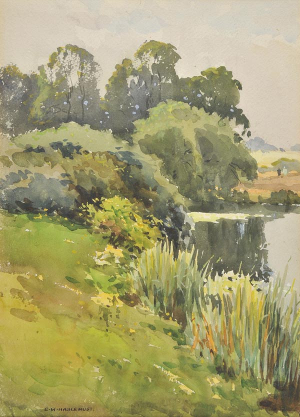 * Haslehurst (Ernest William, 1866-1949). Lake Edge at Durham, watercolour on paper, signed lower