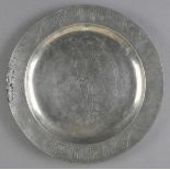 * Alms Dish. A Victorian pewter alms dish, engraved with heradic crest dated 1896, within a border