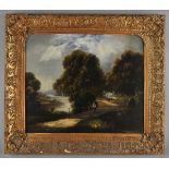 * English school. Landscape with river and figures, early 19th century, oil on canvas, showing a