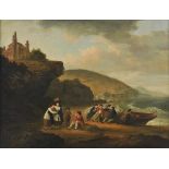 * Circle of Julius Caesar Ibbetson (1759-1817). Figures on a shoreline with boat, oil on canvas,