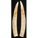 * CITES Sailor Art. A near pair of 19th century scrimshaw walrus tusks, decoration possibly of later