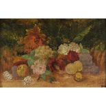 * Still life. Flowers and fruit, mid to late 19th century, oil on wood panel, showing an array of