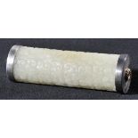 * Carving. An unusual Chinese mutton fat cylinder, carved overall in shallow relief with rows of