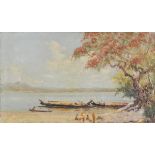 * Indonesia. View of the Indonesian coast with figures and boats by the shore and volcano beyond,