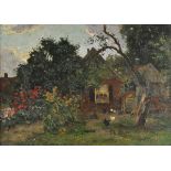 * Akkeringa (Johannes, 1861-1942). Cottage garden with chickens, oil on wood panel, showing a rustic