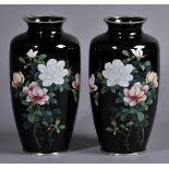 * Japanese CloisonnŽ. A matching pair of Japanese Sato cloisonnŽ vases, decorated with roses against