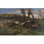 * New Zealand. Woodcutters in a rural landscape, 1879, oil on canvas, depicting several