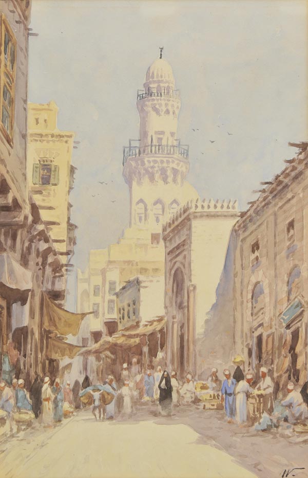 * Weeks (Edwin Lord, 1849-1903). Street scene in Cairo, with mosque, watercolour on paper, signed