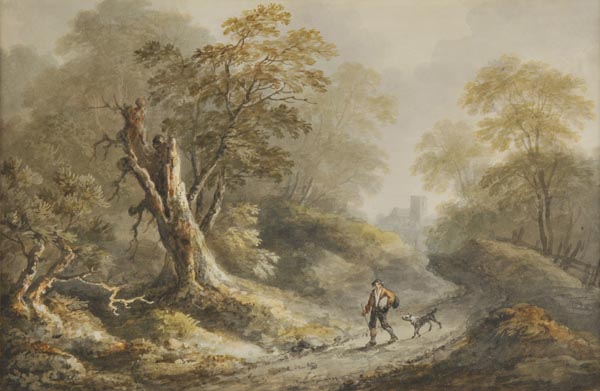 * Attributed to Thomas Barker of Bath (1769-1847). A Man and a Dog on a Forest Path, watercolour,