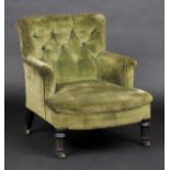 * Armchair. A Victorian button green upholstered low armchair by Gillows of Lancaster, on gilt and