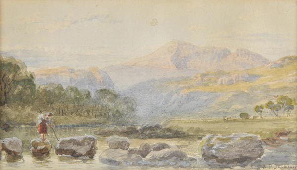 * Jackson (Samuel Phillips, 1830-1904). Mountain landscape with a girl crossing a river,