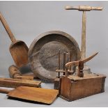 * Rustic tools. A collection of 19th century and later wooden tools, including a grain shovel, 156cm
