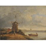 * English School. Landscape with Windmills, c.1830s-1850s, oil on wood panel, depicting a windmil