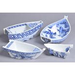 * Chinese Blue and White Ware. A group of four Chinese porcelain vases in the form boats, late