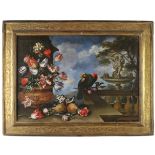 * North Italian School. Still life of tulips and other flowers in a bronze urn, with dish of