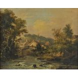 * English School. Cattle Crossing Bridge, c.1820s, oil on canvas, showing a rural river landscape,