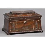 * CITES Tea caddy. A Regency rosewood sarcophagus tea caddy, inlaid with mother-of-pearl, the hinged