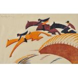 * AR Andrews (Sybil, 1898-1992). Steeplechasing, 1930, linocut printed in Chinese orange, alizarin