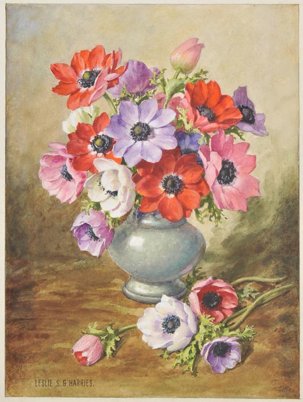 * Harries (Leslie S. G., 20th century). Still Life of Anemones, watercolour on board, signed lower