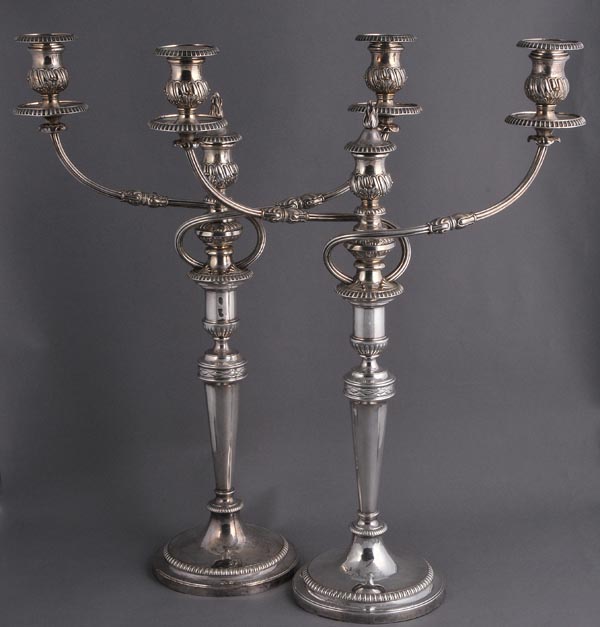 * Candleabra. A good pair of Old Sheffield Plate three branch candleabra, circa 1830, with flame