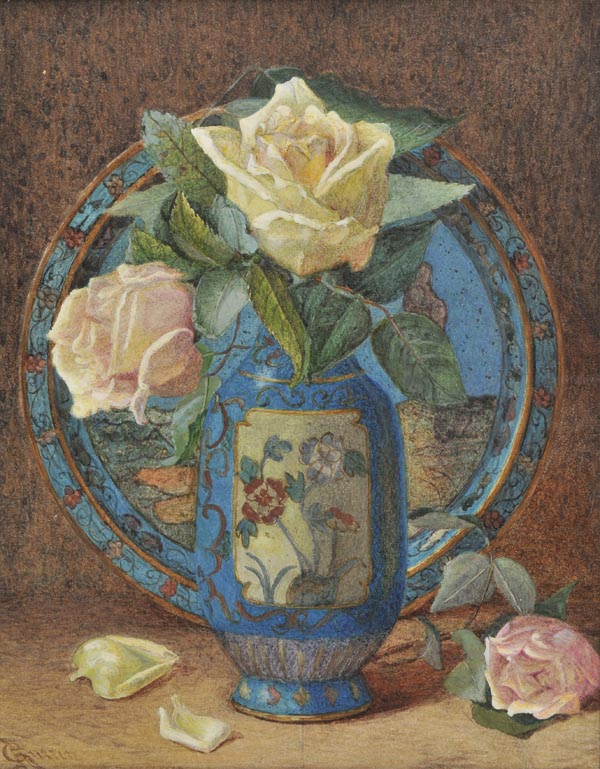 * Guerin (Anna Lukis, active 1872-1899). Roses and Cloisonne Enamel, watercolour still life,