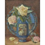 * Guerin (Anna Lukis, active 1872-1899). Roses and Cloisonne Enamel, watercolour still life,