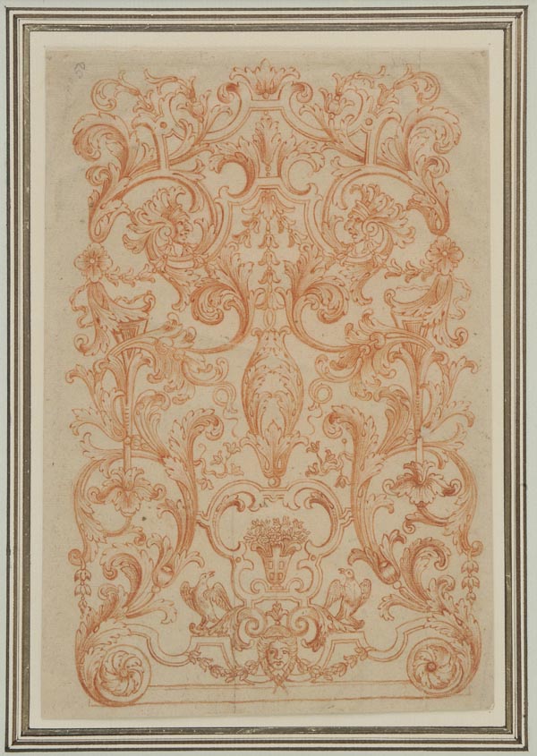 * Italian School. Ornament design with scrollwork, grotesque heads, birds and cornucopia, etc., 17th