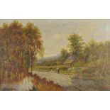 * English School. Girl with Geese, c.1840s, oil on canvas, depicting a rural landscape, with a