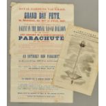 Parachute experiment. Robert Cocking’s Leap of Faith, July 24, 1837, original poster advertising the