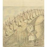 *World War I Art. An original pen and ink and coloured pencil drawing on the back of part of a