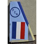 *Jet Provost. A 1960s aluminium tail fin, with PCN in blue circle on a light blue ground with red,