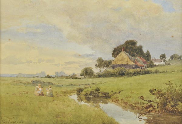 * Pyne (Thomas, 1843-1935). Summer Landscape with women and child seated by a stream, 1912, signed