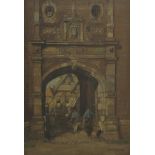 * Bruckman (Willem Leendert, 1866-1928). Dutch archway with figures, watercolour, showing an