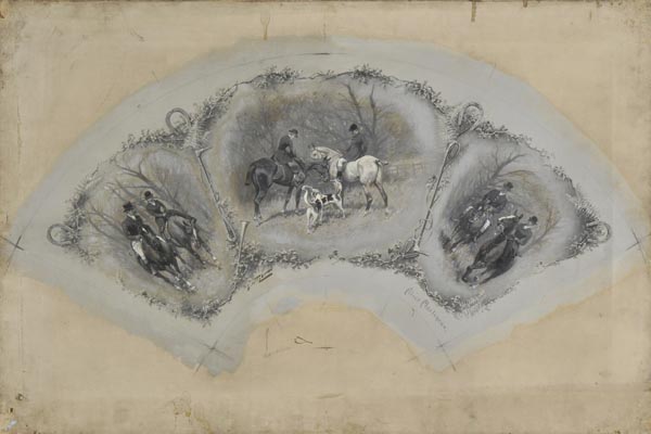 * Wright (George 1860-1942). Design for a fan leaf with hunting scenes, grisaille oil on canvas,