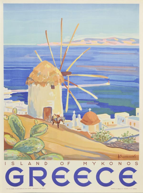 * Anonymous. Greece. Island of Mykonos, 1949, colour lithograph poster, printed by Phoenix Co Ltd.,