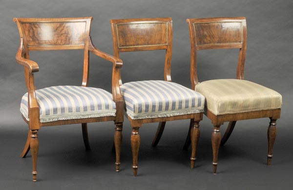 * Chairs. Three mid 19th-century Italian walnut direttorio chairs, comprising carver and two side
