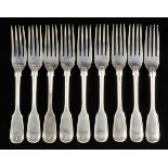 * Table Forks. Nine Victorian silver fiddle pattern table forks by George Adams, London 1848, each