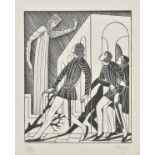 * Gill (Eric, 1882-1940). Hamlet and the ghost, 1932, woodcut on handmade laid paper, signed and