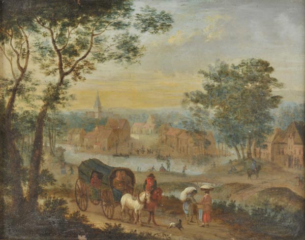 * Dutch School. Dutch river landscape with cart and figures, late 18th or early 19th century, oil