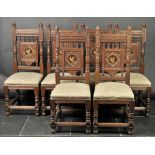 * Chairs. A good set of late Victorian oak chairs by Gillows of Lancaster, heavily carved in the