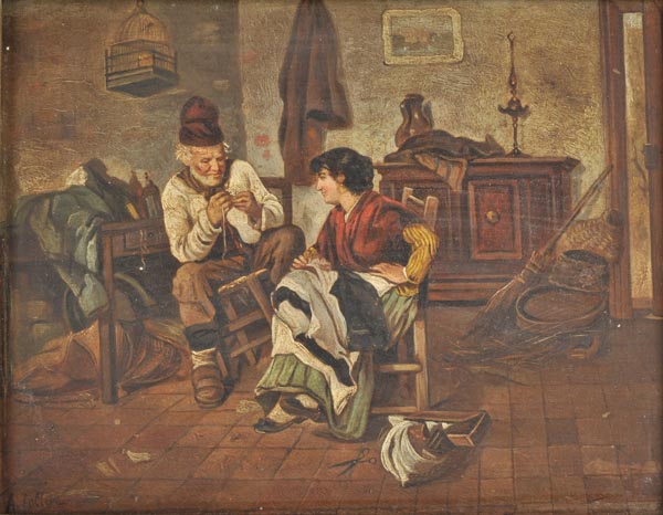 * Collin (A., 19th century). Interior scene with father and daughter, oil on wood panel, showing a