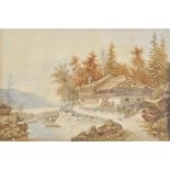 * Continental School. Swiss Chalet by the Lake, late 19th century, watercolour on paper, laid down