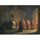 * Spanish School. Church interior with figures, circa 1800, oil on canvas, showing robed figures,