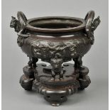 * Japanese Bowl. Bronze censer with dragon handles, raised on three supports in the form of tanuki,