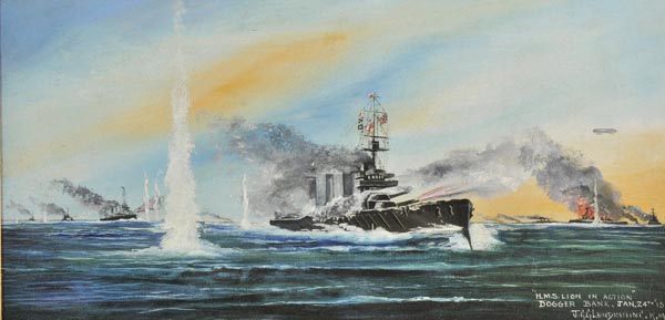 * First World War. HMS Lion in Action, Dogger Bank, Jan 24th [19]15, by J.G. Glendinning, oil on