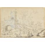 * Italian School. Rustic landscape with ruin and figures, circa  1800, pencil, monotone sepia pen